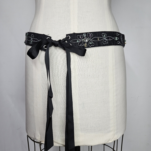 Vintage Accessories - Belt 40-50" Vintage Black Denim Gemstone Embroidered Grosgrain Ribbon Wrap Tie